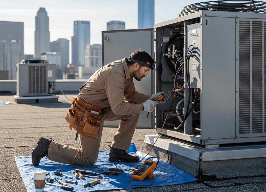 Local Answer HVAC technician servicing heating unit